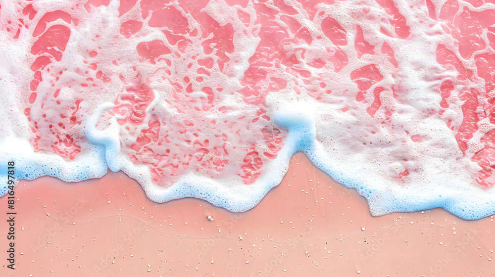 Fototapeta premium A pink beach background with blue sea water and white foam on the sand, top view, summer holiday concept
