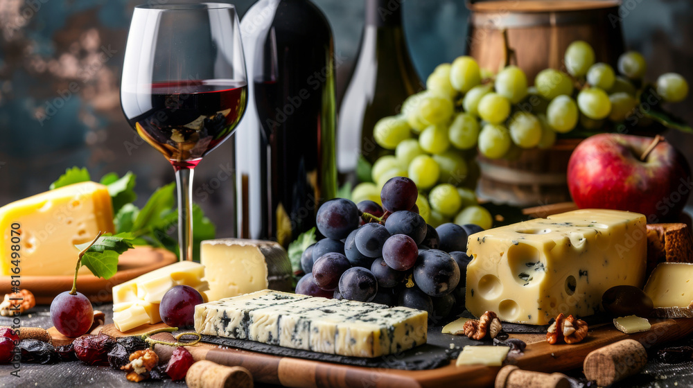 Assortment of red wine and cheese. Presented on wooden platter with array of fresh grapes. Fine dining.