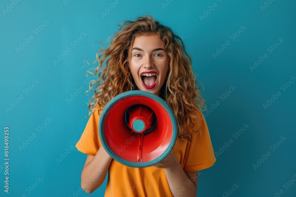 A woman with red hair is holding a microphone and making a loud noise A woman with red hair is holding a microphone and making a loud noise