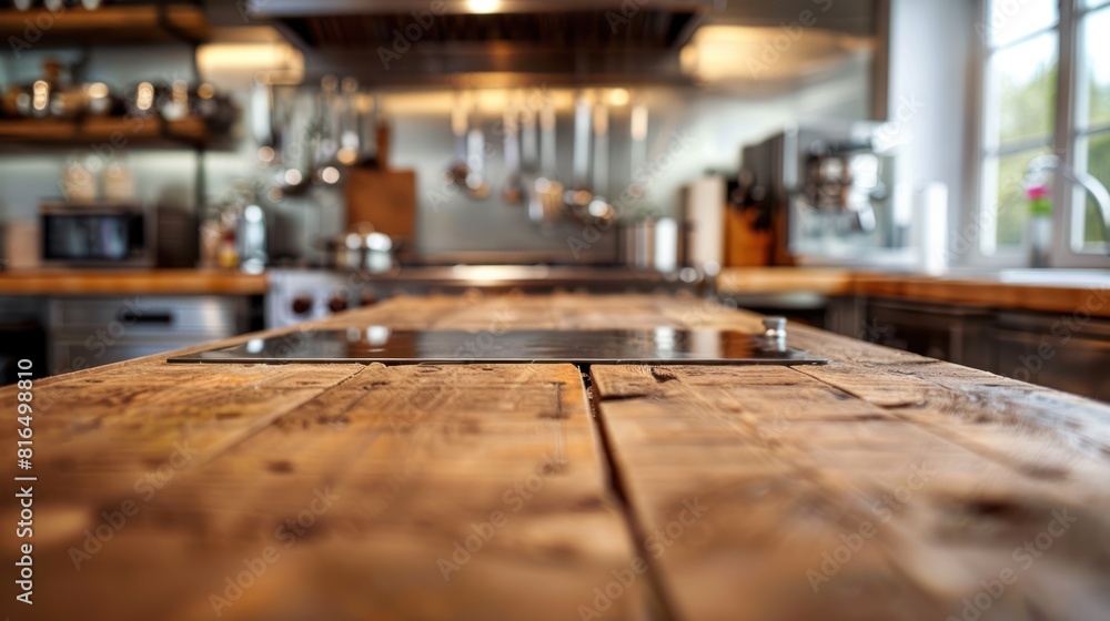 a rustic wooden kitchen counter with a blurred background a rustic wooden kitchen counter with a blurred background
