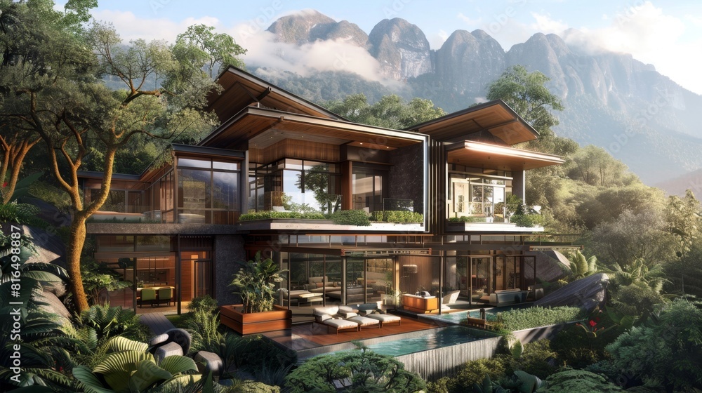 Captivating floor plan ideas set amidst lush forest mountains, blending modern luxury with natural beauty. Ideal for architectural presentations.