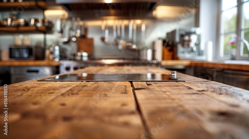 a rustic wooden kitchen counter with a blurred background 