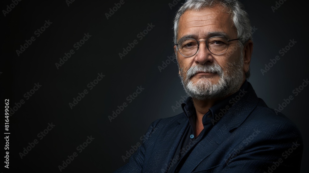Fototapeta premium A man in white beard and glasses poses, arms crossed, gazing into the camera
