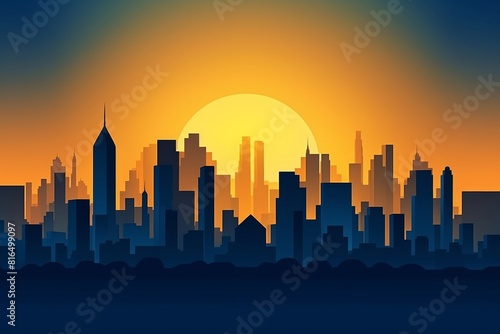 City skyline at sunset  building silhouettes  sky from yellow to dark blue  color gradient papercut  3D style