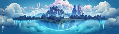 Floating island above cloud sea, cascading waterfalls, mystic aura, papercut 3D style © AlexCaelus