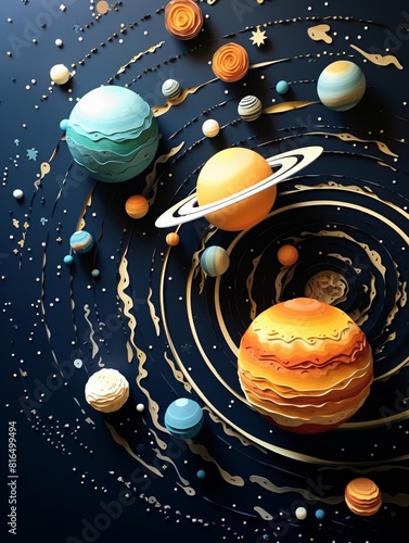 Solar system model  planets orbiting the sun  cosmic education  papercut style  3D