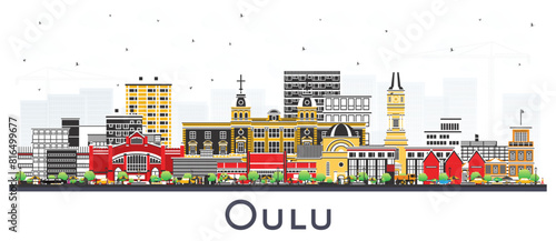Oulu Finland city skyline with color buildings isolated on white. Oulu cityscape with landmarks. Business travel and tourism concept with modern and historic architecture.