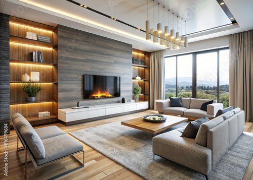 A modern living room arrangement with a minimalist fireplace and a spacious TV wall screen  showcasing sleek design and functionality.