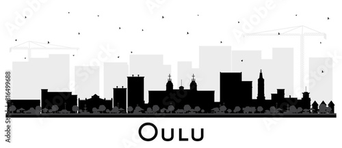 Oulu Finland city skyline silhouette with black buildings isolated on white. Oulu cityscape with landmarks. Travel and tourism concept with modern and historic architecture.
