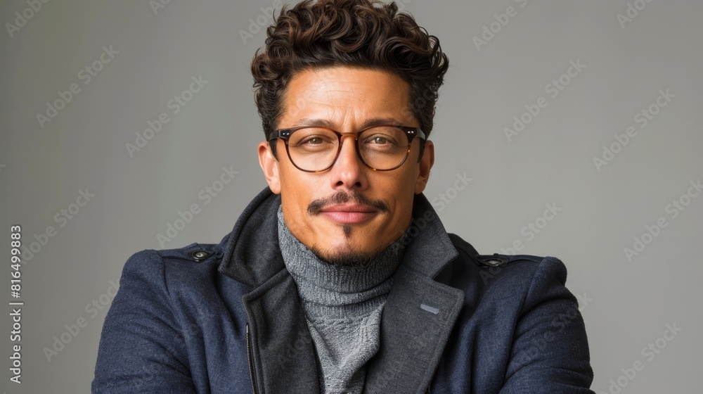 A man in glasses and coat gazes seriously at the camera against a gray backdrop A man in glasses and coat gazes seriously at the camera against a gray backdrop