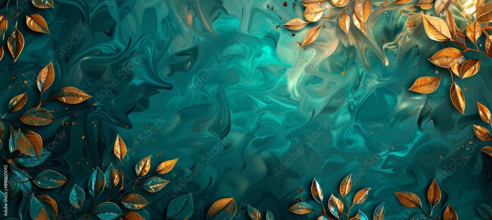 abstract background with leaves in teal and gold.