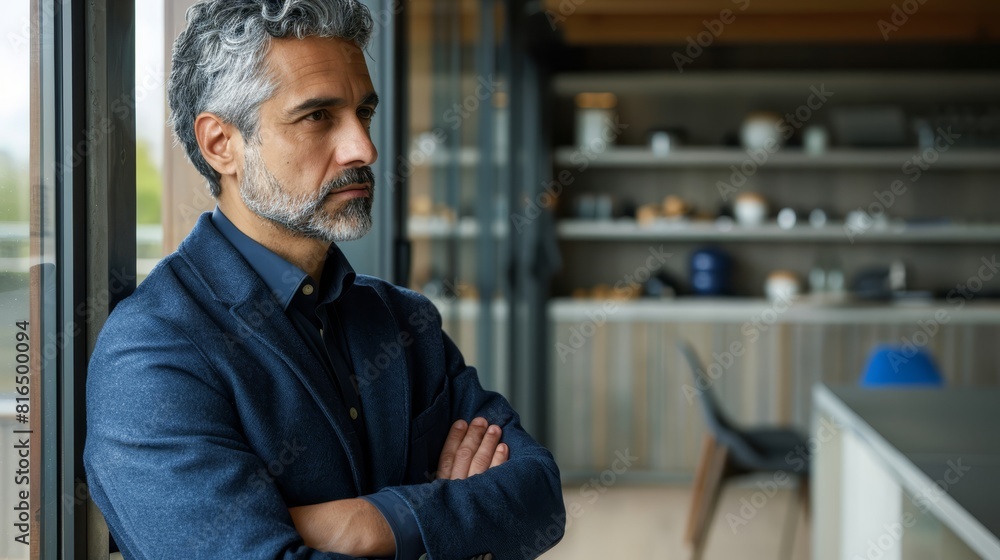 A man, arms crossed, gazes out of a window, eyes fixed on the distant landscape A man, arms crossed, gazes out of a window, eyes fixed on the distant landscape