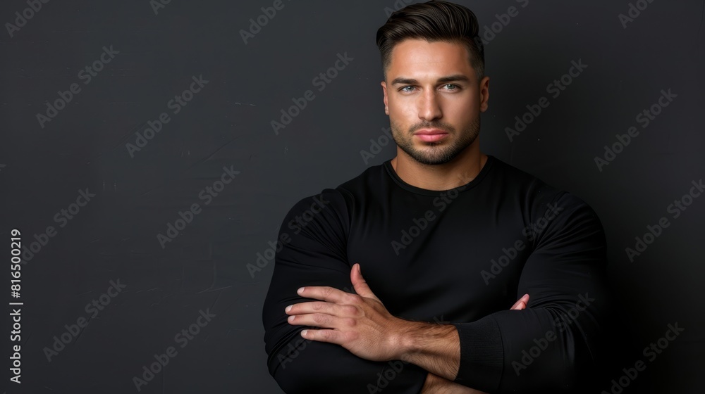 A man, arms crossed, faces a black wall His posture keeps his crossed arms pressed against his chest A man, arms crossed, faces a black wall His posture keeps his crossed arms pressed against his chest