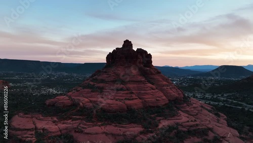 Bell Rock - Well-known Bell-shaped Butte At Sunset Near The Village of Oak Creek In Arizona, USA. - aerial shot photo