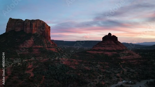Bell Rock And Courthouse Buttes At Sunset In Sedona, Arizona, USA. - aerial photo