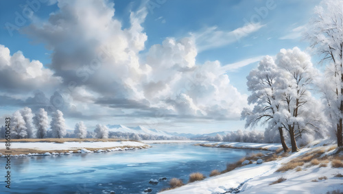 Wallpaper Mural A beautiful winter scenes wallpaper with snowy and blue sky with clouds and river beside village Torontodigital.ca