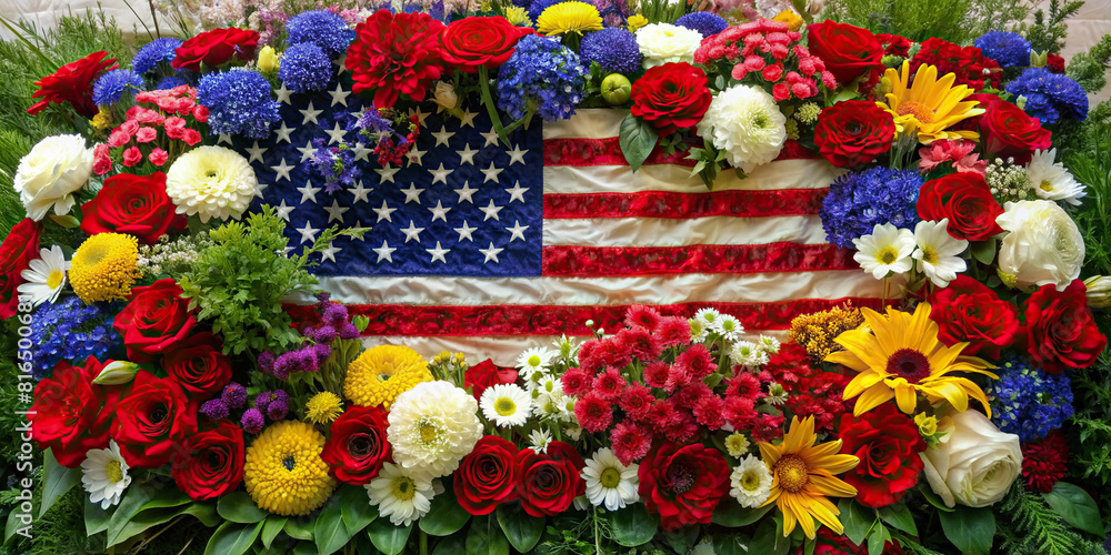 A mesmerizing fusion of flowers arranged to mimic the stars and stripes, embodying the spirit of American ingenuity and natural splendor.