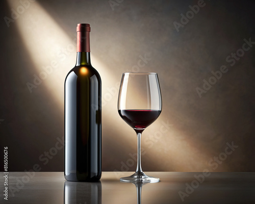 A minimalist yet luxurious scene featuring a sleek bottle of red wine and a contemporary wine glass, set against a pristine background, perfect for elegant presentations.