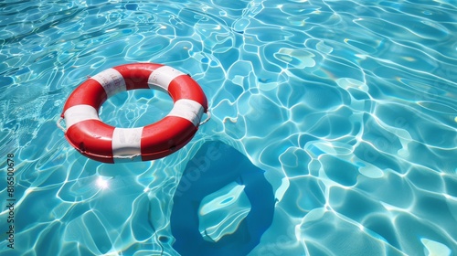A red and white life preserver floating on the surface of a clear blue pool of water 