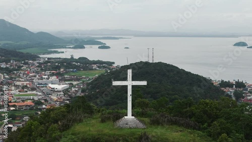 Municipality of São Francisco do Sul and Babitonga Bay, Tourist Morro da Cruz in the foreground, Santa Catarina, Brazil. 4k drone. photo