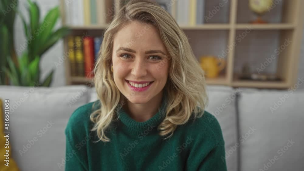 Radiant, confident young blonde woman sitting on her cozy sofa at home, cheerfully gesturing 'ok' sign with finger. her beautiful smile expresses great joy and approval in the warm indoor setting Radiant, confident young blonde woman sitting on her cozy sofa at home, cheerfully gesturing 'ok' sign with finger. her beautiful smile expresses great joy and approval in the warm indoor setting