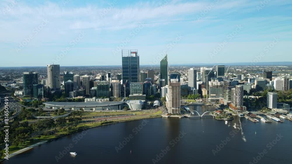 Perth CBD Skyline By The Swan River In Daytime In Western Australia. - aerial shot Perth CBD Skyline By The Swan River In Daytime In Western Australia. - aerial shot