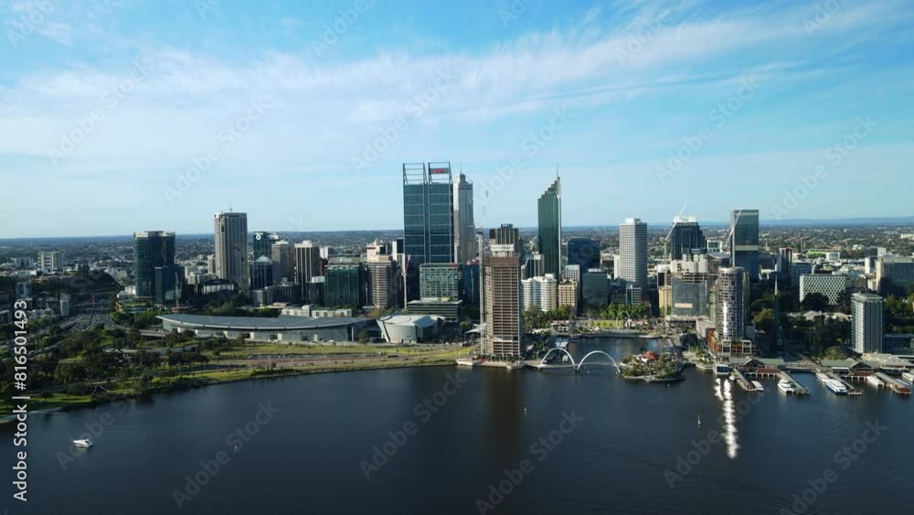 Aerial View Of Perth Skyline With Skyscrapers, Port And Elizabeth Quay Bridge In Western Australia. Aerial View Of Perth Skyline With Skyscrapers, Port And Elizabeth Quay Bridge In Western Australia.