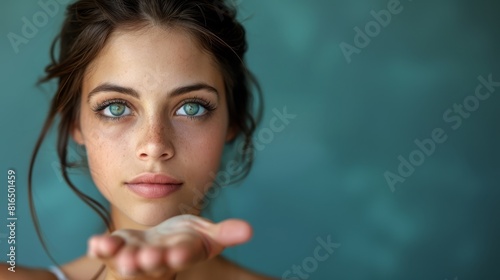  A stunning young woman with expressive blue eyes gazes intently into the camera, her serious expression reflected in her gaze as she raises her hands towards her face
