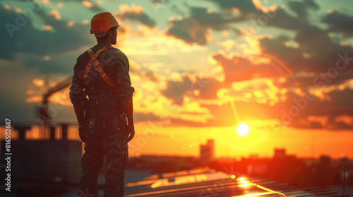 Silhouetted construction worker on rooftop. Overlooking construction site and city during sunset. Hard work, goals, achievement. 