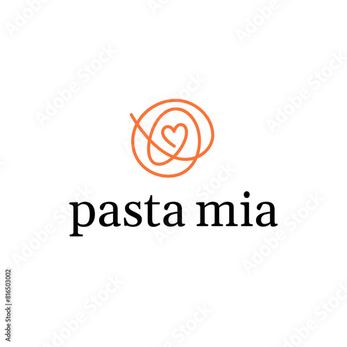 Modern pasta logo template. Flat spaghetti symbol illustration with heart sign. Vector noodle and ramen design concept. Creative food sign for italian, asian, chinese, japanese restaurant, cafe, bar