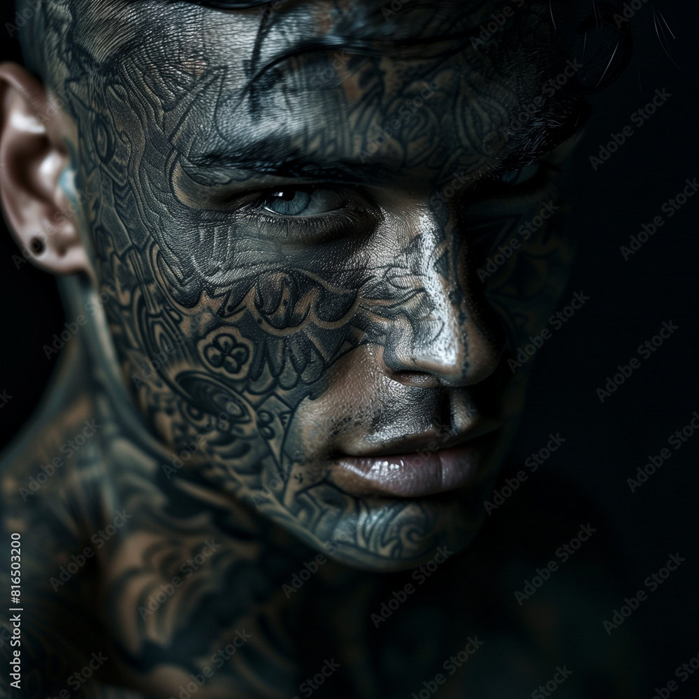 Close up of a man's face with many black tattoos covering his facial skin, the intricate tattoo details are clearly visible with sharp lines and deep shadows, Ai generated Images Close up of a man's face with many black tattoos covering his facial skin, the intricate tattoo details are clearly visible with sharp lines and deep shadows, Ai generated Images