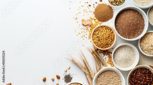 Assorted gluten free grains and food displayed on a white background flat lay arrangement with space for text photo