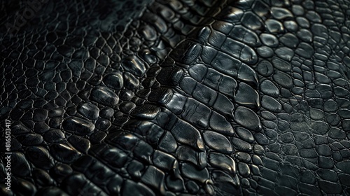 Close up of embossed reptile skin texture in black color on genuine leather background Natural backdrop with space for text representing the ideas of shopping and production photo