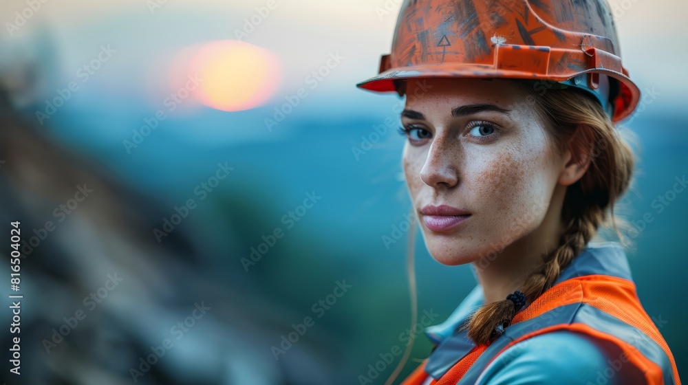 A woman in hard hat and orange vest stands before a sunsetting mountain A woman in hard hat and orange vest stands before a sunsetting mountain