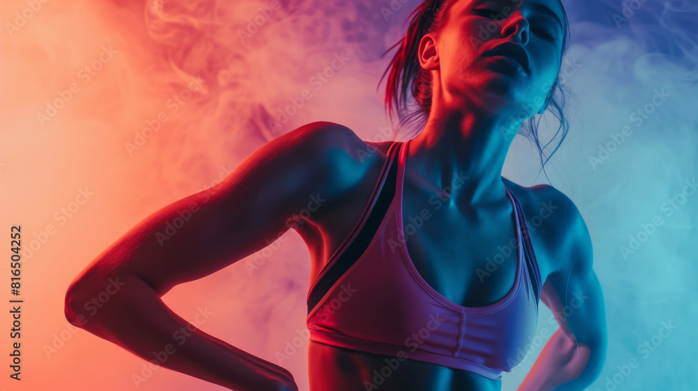 Sport, fitness female, woman. Cropped studio shot of a fit athletic woman. Isolated against smokey vibrant colored background. Lifestyle, fitness, athletic, goals. Sport, fitness female, woman. Cropped studio shot of a fit athletic woman. Isolated against smokey vibrant colored background. Lifestyle, fitness, athletic, goals.