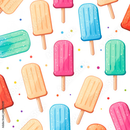 Pattern of colorful popsicle ice cream on white background. Illustration.
