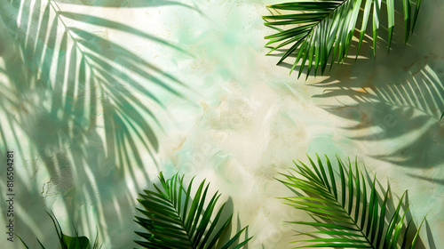 Aesthetic background with palm leaf and shadows on green wall. Summer concept. Banner for product presentation
