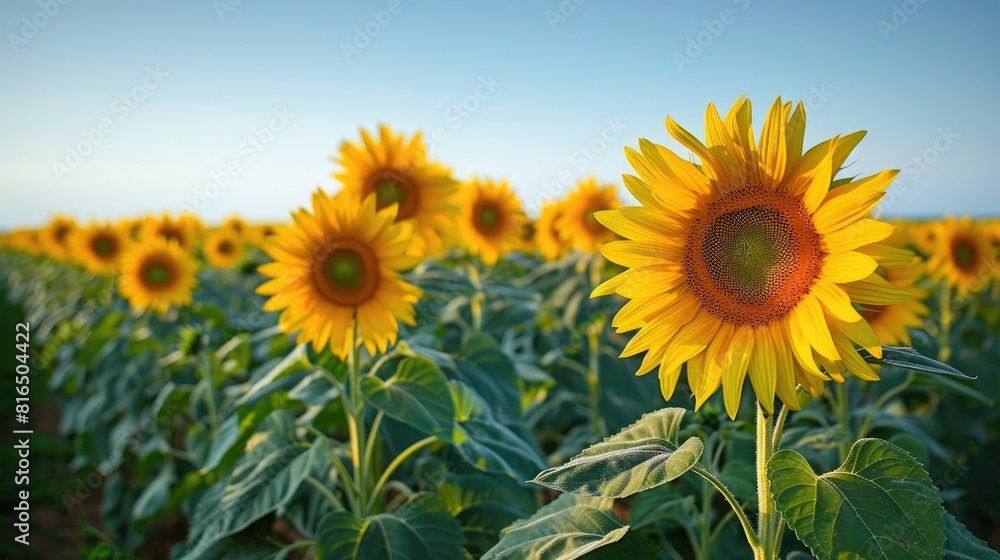 A sunflower field set against a clear blue sky, with sunflowers stretching into the distance A sunflower field set against a clear blue sky, with sunflowers stretching into the distance