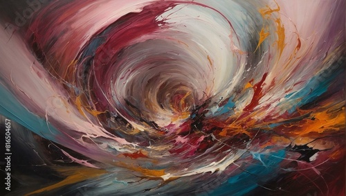 Vibrant abstract painting with swirling, dynamic colors and energy