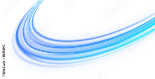 PNG. Light line neon swirl effect. Vector glitter light fire flare trace. Bokeh blue light glitter round wave line with sparkling particles. Magic sparkle swirl trail effect on transparent background	
