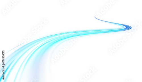 PNG. Light line neon swirl effect. Vector glitter light fire flare trace. Bokeh blue light glitter round wave line with sparkling particles. Magic sparkle swirl trail effect on transparent background	