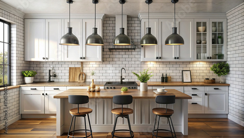 A stylish kitchen with black accents  subway tile backsplash  and hanging pendant lights