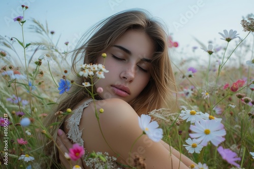 pretty young woman Intimate embrace in a field of flowers photo on white isolated background