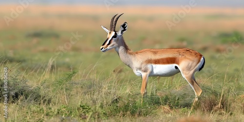 A Thomsons gazelle grazing in the African savanna grassland. Concept Wildlife Photography, African Animals, Nature Conservation, Safari Adventures photo