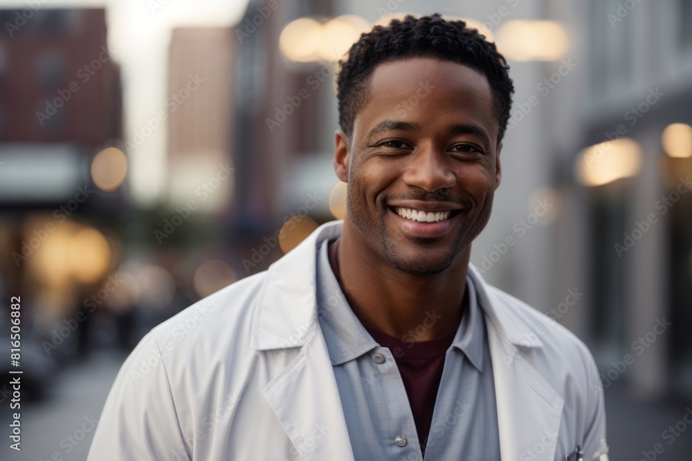 cheerful african man doctor outside hospital cheerful african man doctor outside hospital
