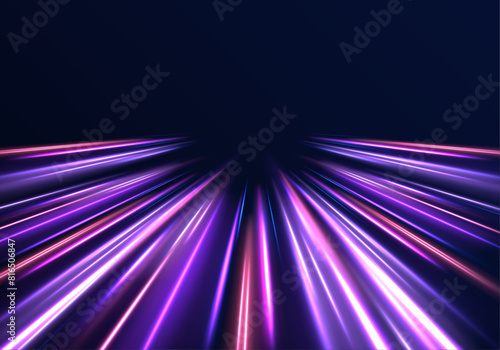 Vector blue glowing lines air flow effect. Abstract background in blue and purple neon glow colors.  Magic sparkling trails of comet.