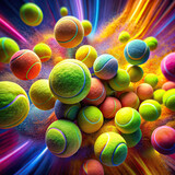A vibrant and colorful shot of tennis balls in motion, creating a dynamic and energetic atmosphere on the court.