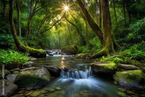 A landscape of a forest with a stream