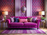 A vibrant interior arrangement highlighting a stunning purple sofa adorned with viva magenta, pink, and red patterns, adding flair and charm to the space.
