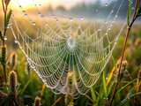 A close-up shot of a dew-covered spider web in a foggy meadow, highlighting the delicate intricacies of nature's designs.